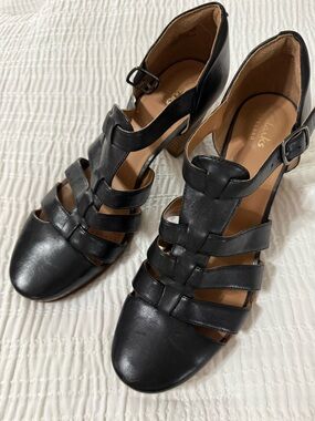 Clarks Black Leather Strappy Block Heel Sandals